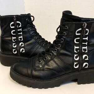 Guess Logo Combat Ankle Black Boots with Lace and Zip Closure Size 9M